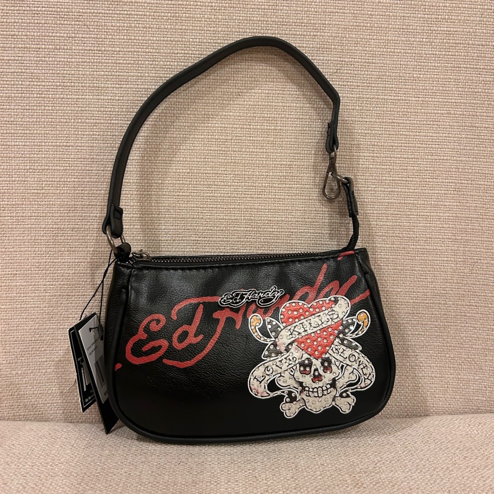 Ed Hardy Black and Red Skull Sparkly Shoulder Bag/Purse